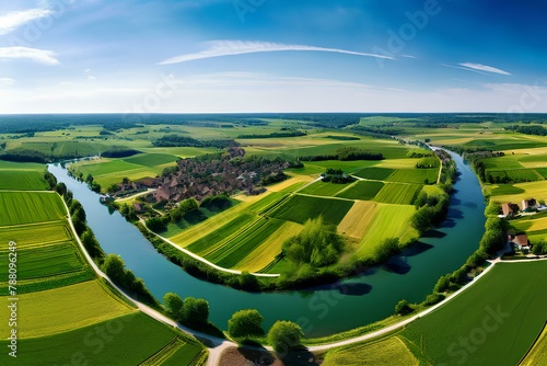 Banner of aerial satellite view of cultivated agricultural farming land fields with vivid green color.