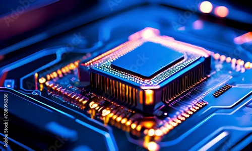 closeup on an advanced GPU ram microchip or cpu of a powerful computer board for artificial intelligence technology.