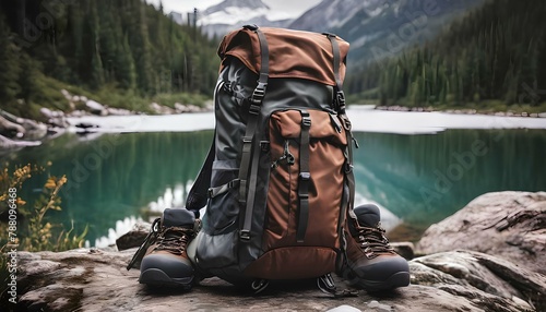 hiking backpack and boots and gear equipment for mountain and forest woods nature outdoor activity camping.