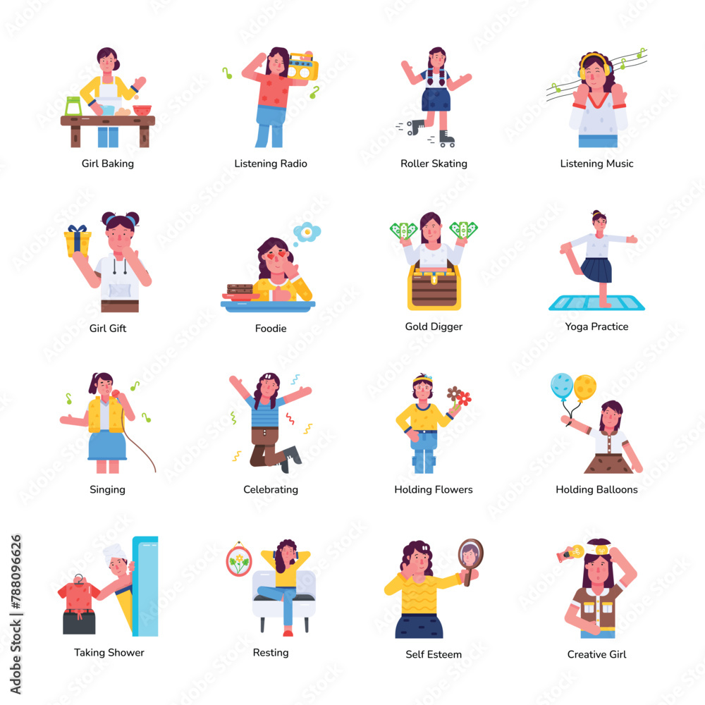 Collection of Girl Hobbies Flat Icons 

