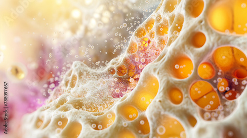 An illustration showing the cellular microenvironment changes in pleural tissue affected by mesothelioma, detailed with natural light enhancing textures and colors. , natural light photo