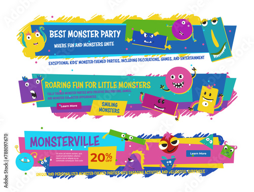 Kids entertainment monster party sale banner landing page design template set vector