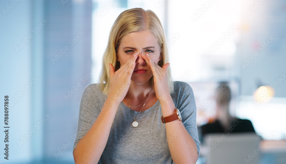 Fototapeta premium Businesswoman, portrait and headache with stress pressure or sinus tension for nose, allergies or burnout. Female person, face and hands as assistant or overtime fatigue or exhausted, pain or virus