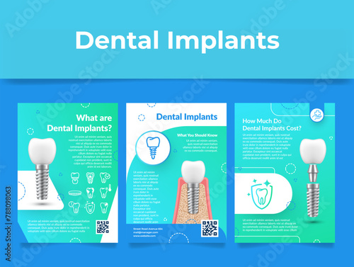 Dental implants infographic information paperback poster design template set vector illustration