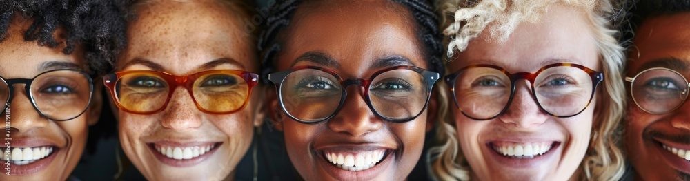 A group of young women, each with glasses on their faces, smiling and posing for a photo together A group of young women, each with glasses on their faces, smiling and posing for a photo together