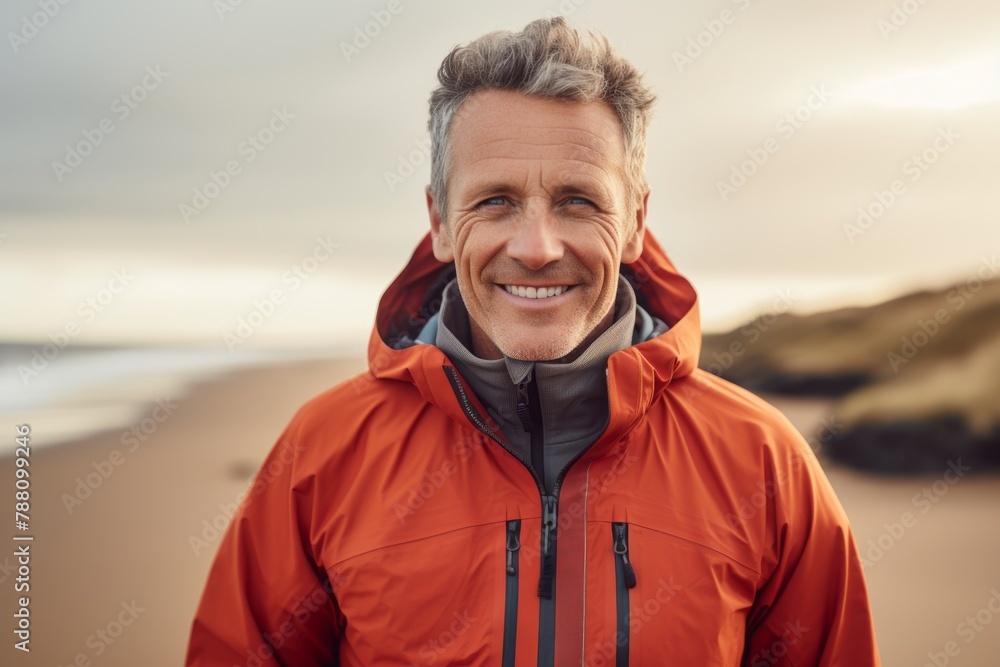 Portrait of a happy man in his 50s wearing a windproof softshell isolated in sandy beach background Portrait of a happy man in his 50s wearing a windproof softshell isolated in sandy beach background
