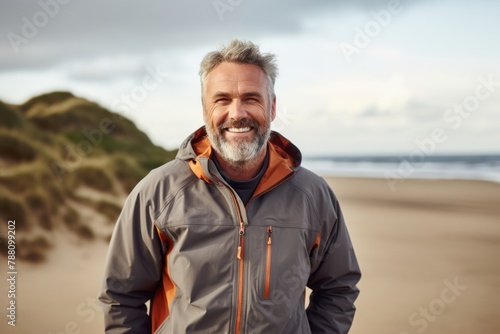 Portrait of a happy man in his 50s wearing a windproof softshell while standing against sandy beach background