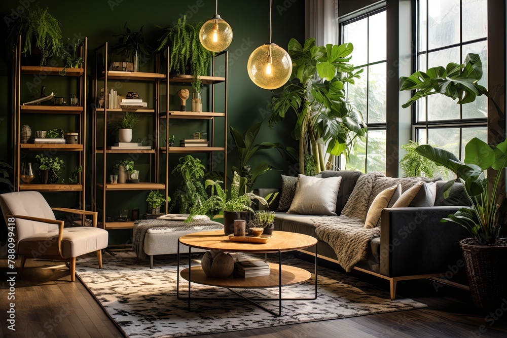 Fototapeta premium Urban Jungle Luxury: Sleek Furniture in Modern Living Room with Cascading Hanging Plants