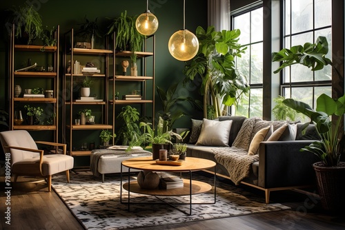 Urban Jungle Luxury: Sleek Furniture in Modern Living Room with Cascading Hanging Plants
