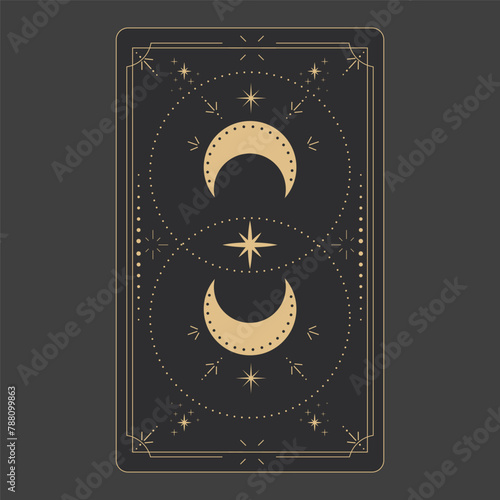 Tarot reverce border magic sacred cover card frame gold line border celelstial mystery esoteric decoration with stars and moon on dark background.