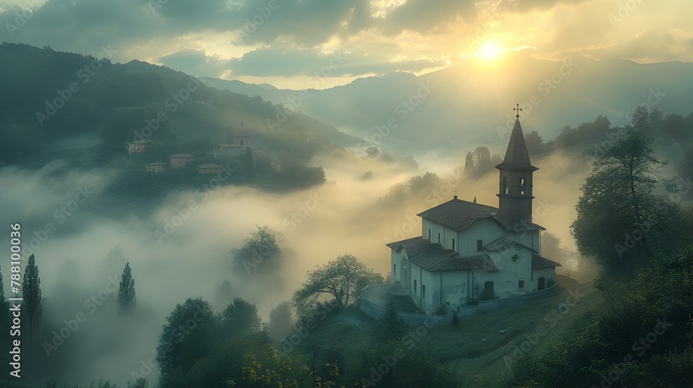 Misty Alpine Village with Charming Church Spire Emerges from Ethereal Fog in Stunning Italian Landscape - obrazy, fototapety, plakaty 
