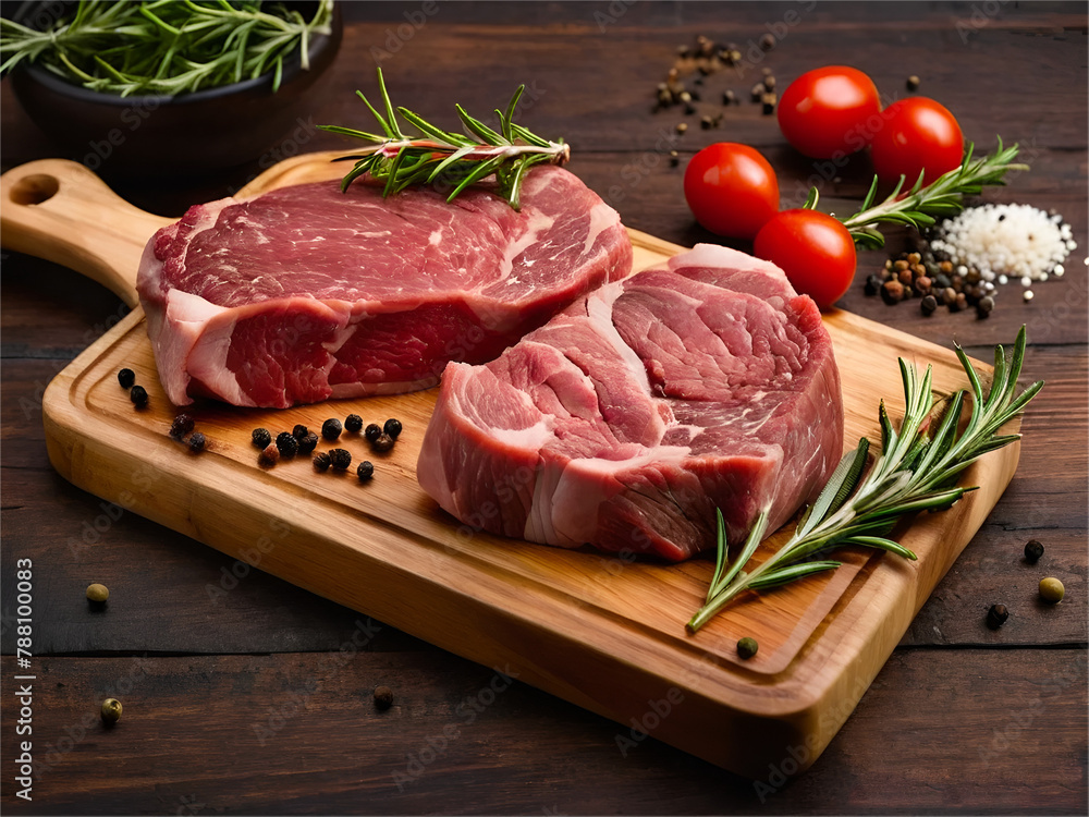 Raw meat with tomatto placed on wooden surface Raw meat with tomatto placed on wooden surface