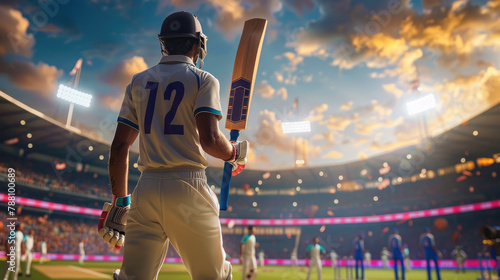 Back of cricket player holding cricket bat in stadium. Generative AI. photo