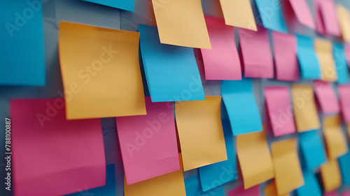 Empty colorful sticky notes pinned on a wall mockup 