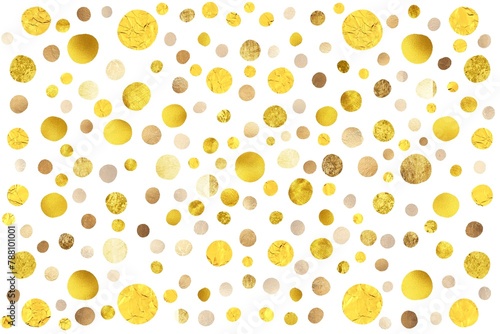 Abstract golden polka dots backdrop. Shiny, glowing bright wallpaper design. Confetti. Celebration card. Festive mood. Isolated on a white background.