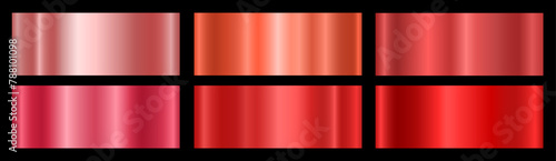 A set of red metallic glossy gradients on a black background Texture of a smooth metal surface. Vector illustration.