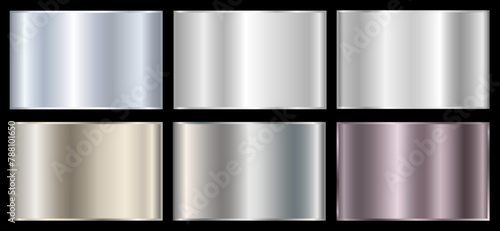 A set of silver metallic gradients on a black background. Metallic gradient effects for the design of text and bulletin boards, infographics. Metal banner. Vector EPS 10.