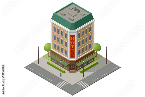 Isometric public hotel building exterior. Online booking service. Accommodation rent, travel planning. Room reservation.