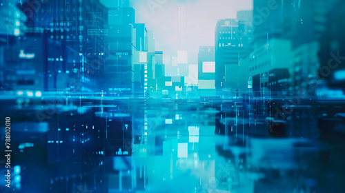 Blurred blue business background. Glass facades of cityspace modern buildings center