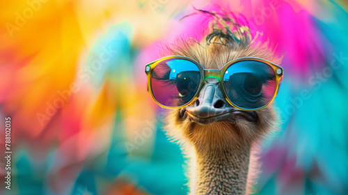 A colorful background with a bird wearing sunglasses. The bird is wearing a pair of sunglasses and he is posing for a photo. Funny ostrich wearing sunglasses in studio in a colorful bright background