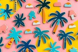 Colorful Palm Tree Stickers on Pink and Yellow Backgrounds, Summer and Vacation Vibes