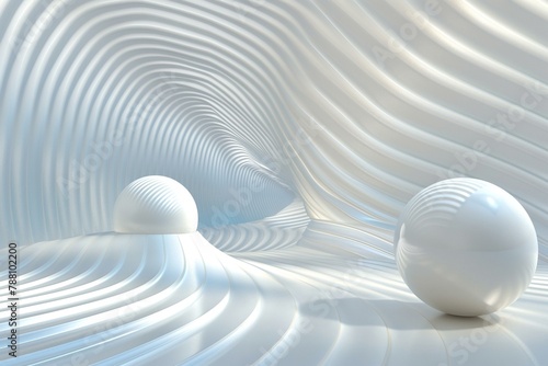 Abstract 3D Rendered Wallpaper Design Featuring Spherical Shapes and Wavy Lines