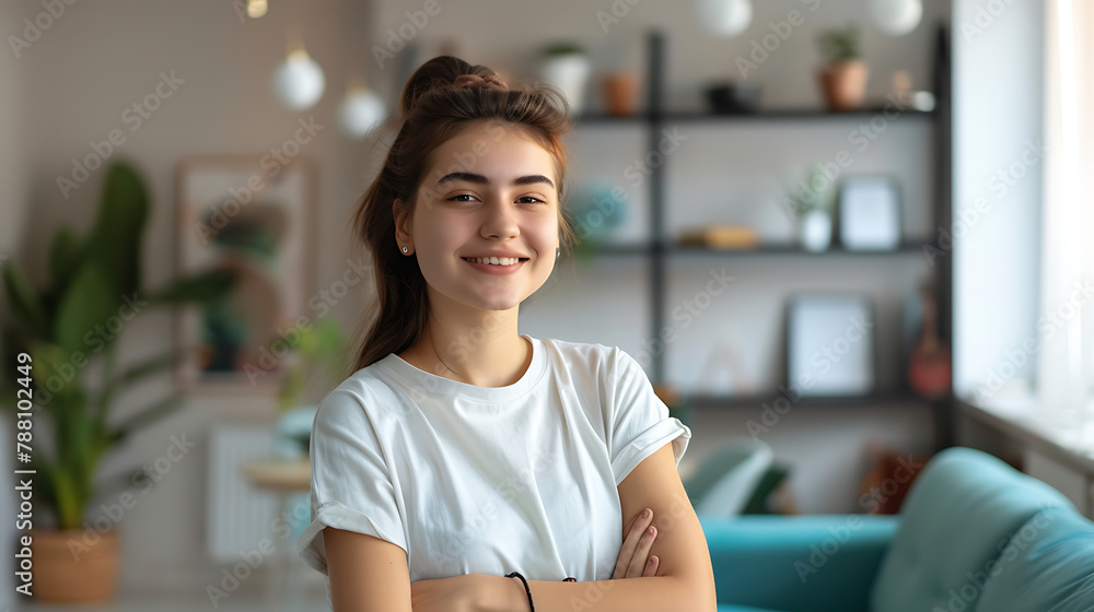 Happy dreamy successful beautiful entrepreneur woman in casual clothes posing in an office apartment with hands crossed, looking away, smiling, laughing. Cheerful thoughtful female project manager