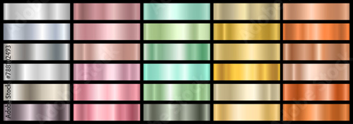 A set of metal gradients. Background surface template with chrome texture. A collection of colorful palettes. Vector illustration.