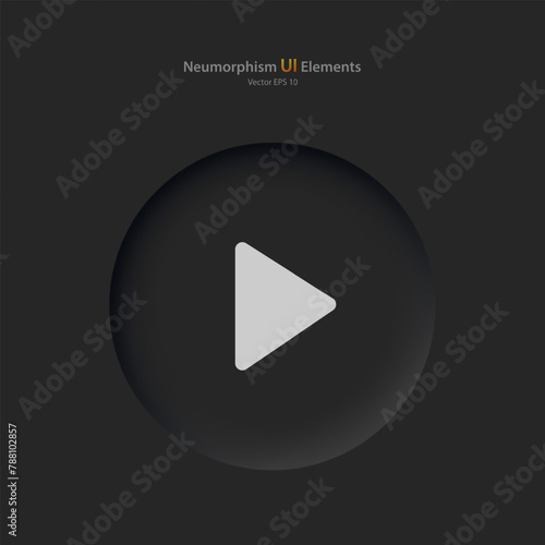 A round button with a playback symbol on a black background. User interface elements in the style of neumorphism, UX, Ui. Vector illustration.