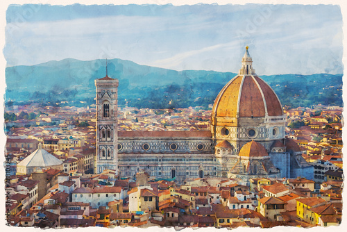 Cathedral of Santa Maria del Fiore, Florence, Italy. Panoramic view of the city center. Mountains in the background. Watercolor painting.