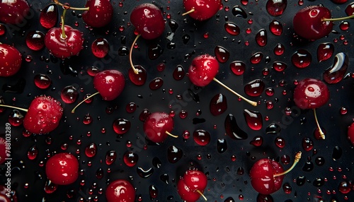 Wallpaper Mural  An above view capturing numerous fresh red cherries glistening with drops of water, highlighting their freshness and juiciness. Torontodigital.ca