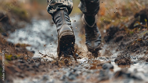 Detailed view of a military man's legs as he runs through a challenging, wet, and muddy terrain.