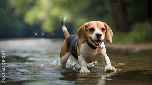 A photo capturing Beagle playing in the water. Showcasing lively and joyful scenes of summer, highlighting the happy moments Beagle playing in the water.