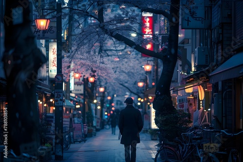 Solitary Figure Navigating the Vibrant Harajuku Streetscape of Tokyo Serene Ambiance Amidst Bustling Atmosphere Eclectic Fashion and Neon Lights