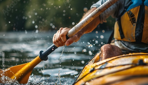 Close-up of a moving paddle during a kayak adventure, capturing the splash and excitement of navigating through water. © acharof