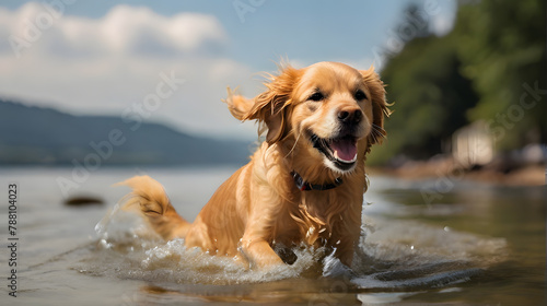 A photo capturing Golden Retriever playing in the water. Showcasing lively and joyful scenes of summer, highlighting the happy moments Golden Retriever playing in the water.