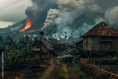 Serene village with traditional houses under a billowing volcanic ash cloud. Nature catastrophe 