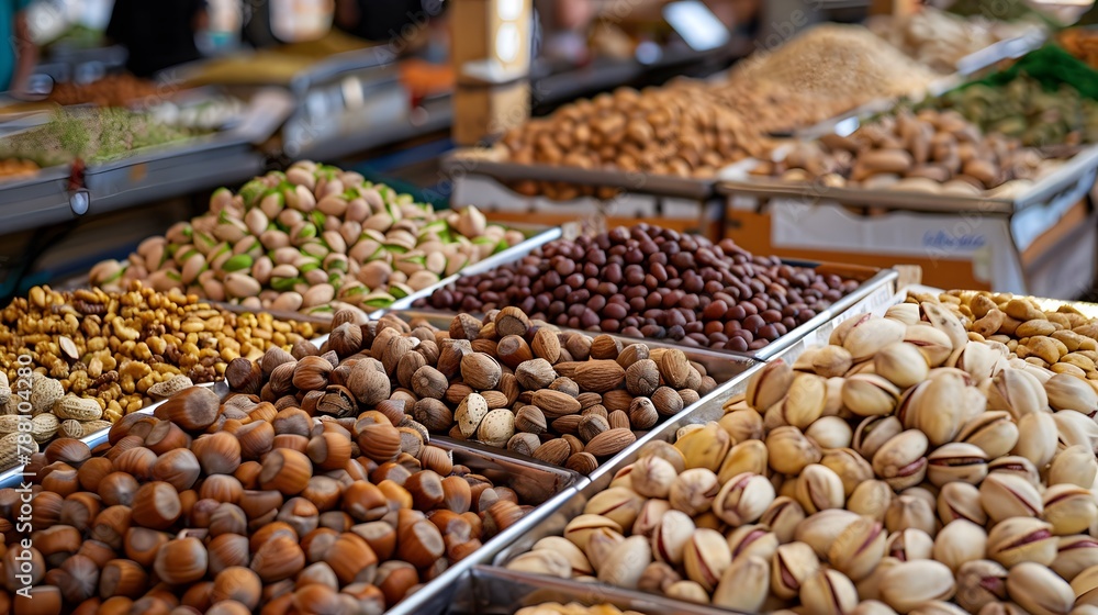 A vibrant array of nuts and seeds meticulously arranged in a marketplace setting, showcasing natural textures and earthy colors