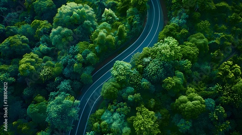 A serene country road amidst lush greenery, seen from above. © acharof