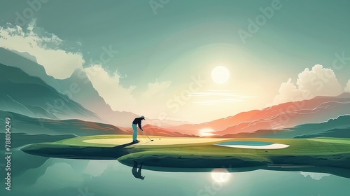 An illustration of a man playing golf on the green, putting his ball into the hole, flat design with soft colors. Generative AI.