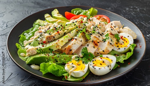 A nutritious and appetizing chicken avocado salad with fresh greens, tomatoes, and a boiled egg
