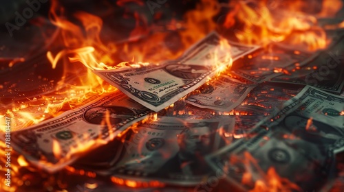 Hundred-dollar bills engulfed in flames, a powerful visual metaphor for economic loss, financial crisis, or the fleeting nature of wealth