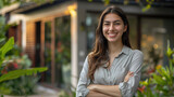 Beautiful middle-aged smiling woman with long hair standing with crossed arms in front of her modern house with soothing natural greenery and warm atmosphere created with Generative AI Technology