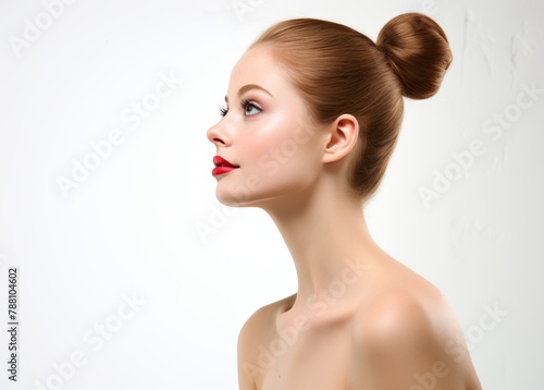 A woman with red lips and a bun hairstyle