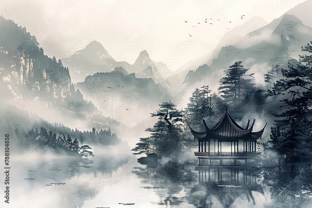 Chinese traditional painting, landscape with a pavilion and pine trees by a lake in mountains - obrazy, fototapety, plakaty 