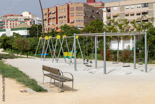 Swing Set and Bench in Serene City Park