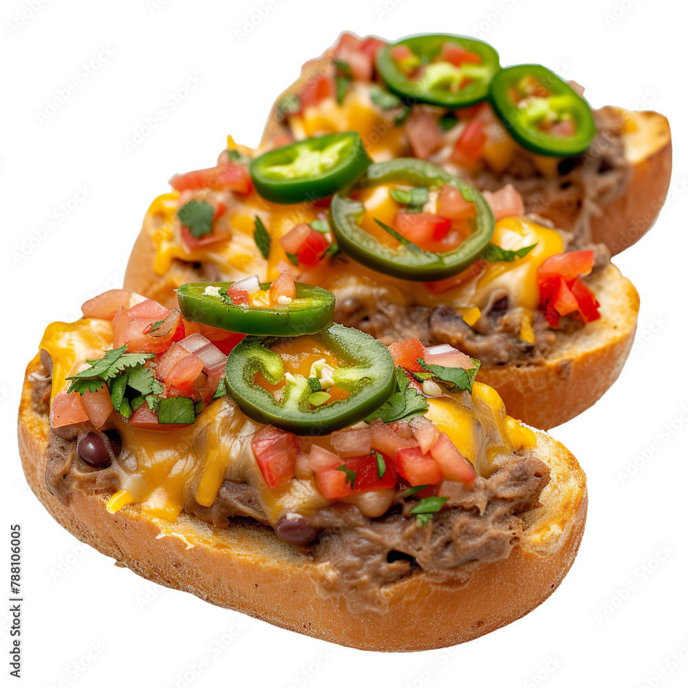 Front view of Molletes with Mexican open-faced sandwiches, featuring bolillo rolls topped with refried beans, melted cheese, and salsa, often isolated on white transparent background

