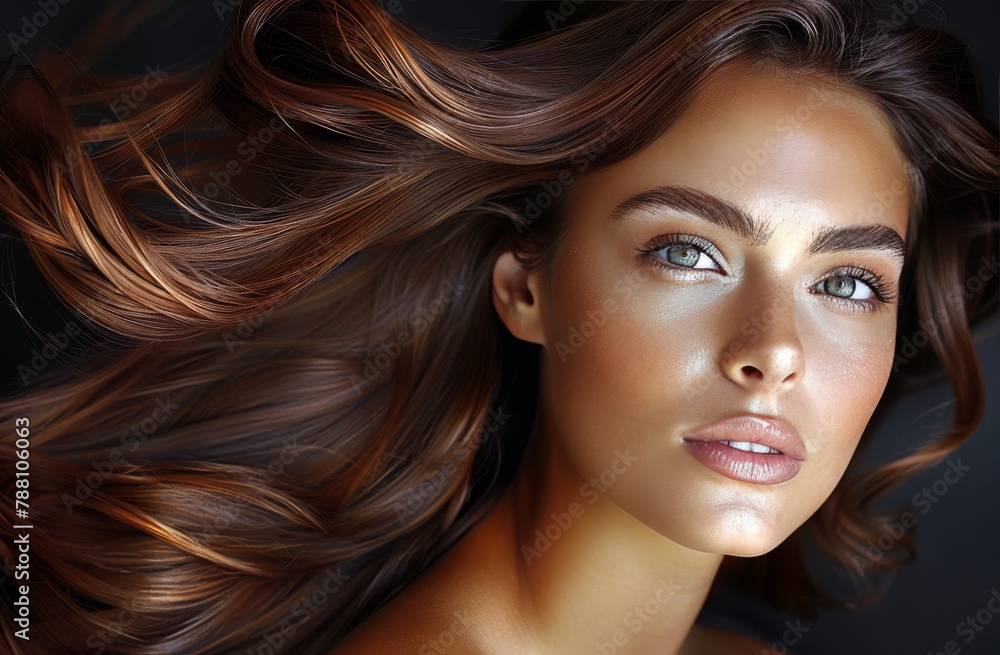 A woman with long brown hair is standing in front of a black background A woman with long brown hair is standing in front of a black background