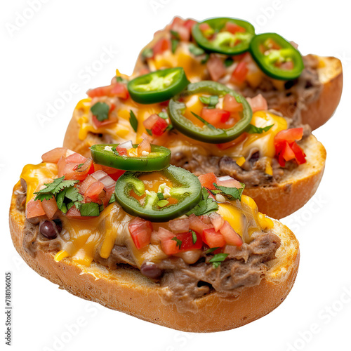 Front view of Molletes with Mexican open-faced sandwiches, featuring bolillo rolls topped with refried beans, melted cheese, and salsa, often isolated on white transparent background
 photo