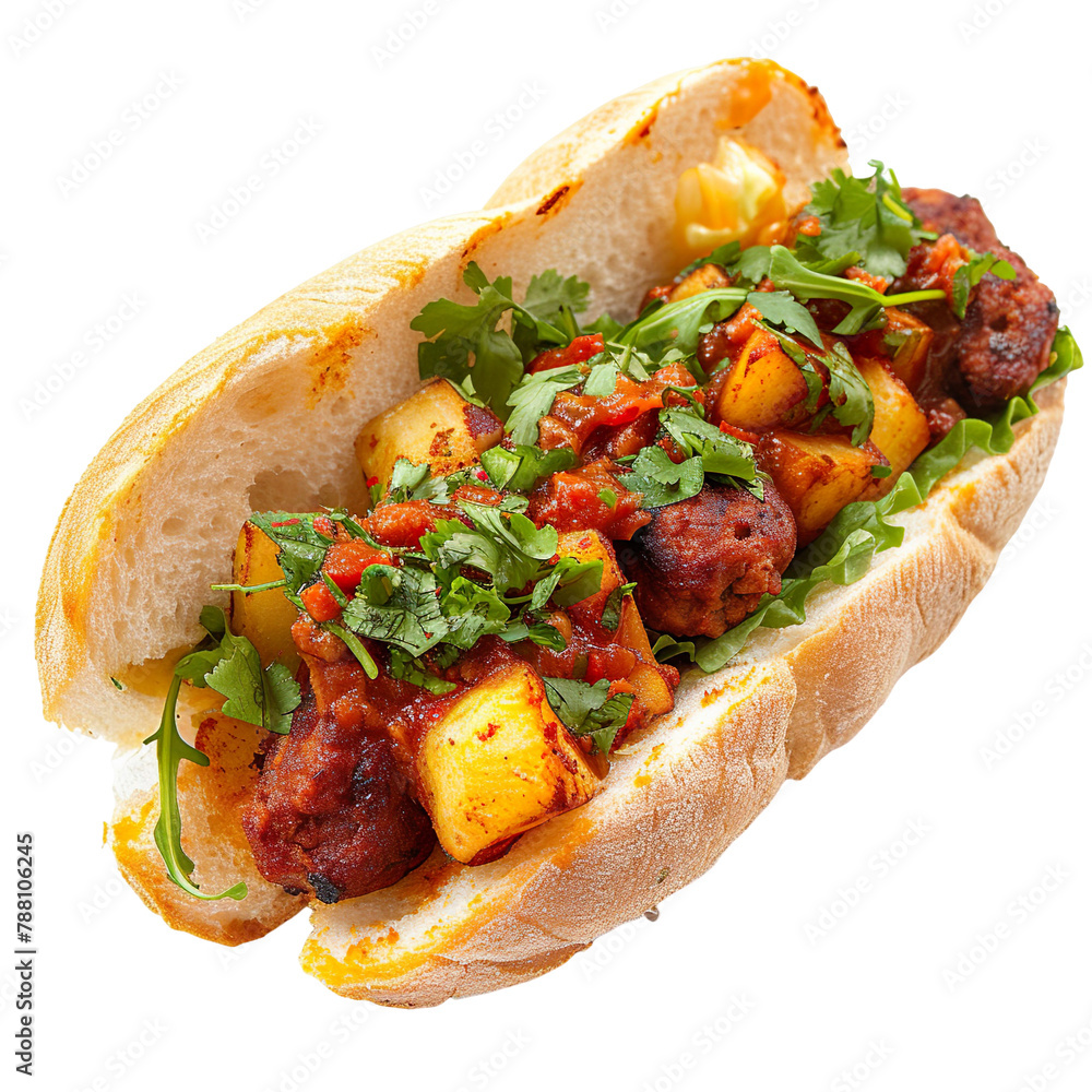 Front view of Pambazo de Chorizo with Mexican chorizo-stuffed sandwich, featuring soft white bread rolls dipped in guajillo chili sauce, isolated on white transparent background Front view of Pambazo de Chorizo with Mexican chorizo-stuffed sandwich, featuring soft white bread rolls dipped in guajillo chili sauce, isolated on white transparent background